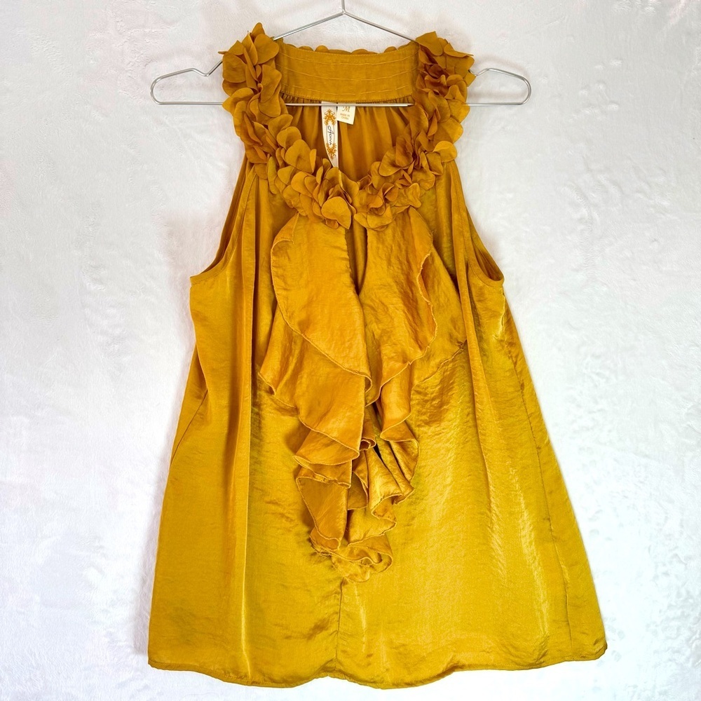 Satin Ruffle Sleeveless Blouse Gold Yellow 3-D Flowers Adiva Fairy Romantic